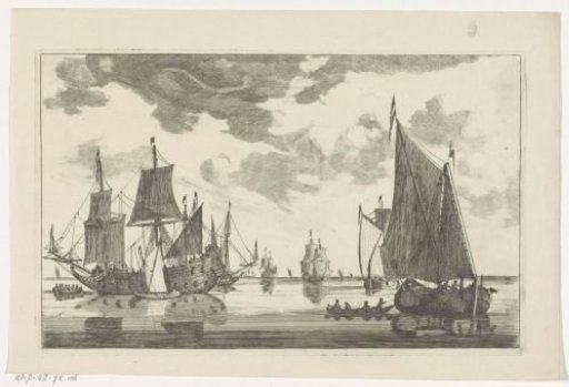 Sailing ships and skiffs on calm sea