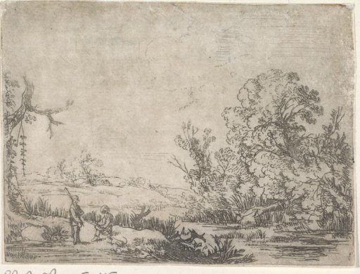 Landscape with two resting hunters on the left