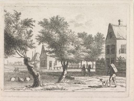 Traveler with dog and backpack walking past houses