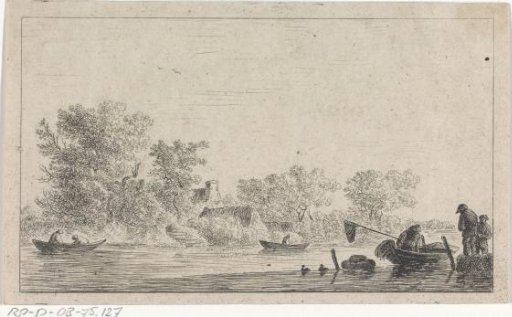 River landscape with fishermen in small boats