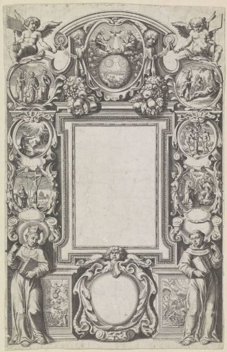 Title page with two clergymen and biblical scenes