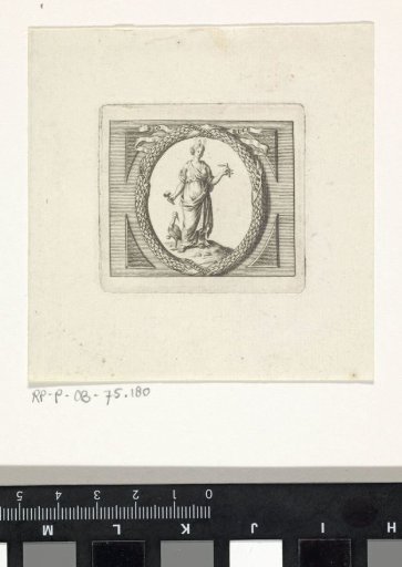 Vignette with a woman bearing the attributes of vigilance, labor, power, and art