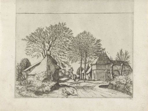 Farmhouse and barn along a road