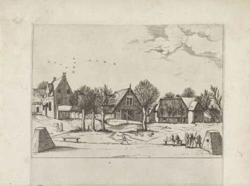 View of a village with archers