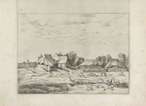 Farmhouses with drinking cows in the foreground