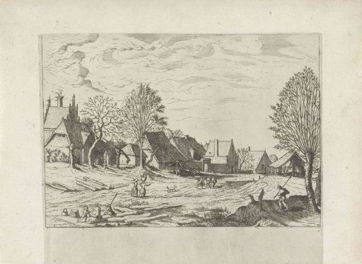 Village street with a resting couple on a log