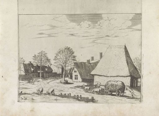 Village street with a hay wagon