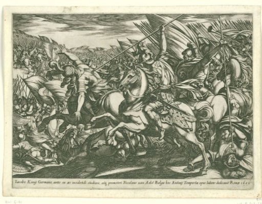 Aanval van de cavalerie met twee door speren doorboorde mannen