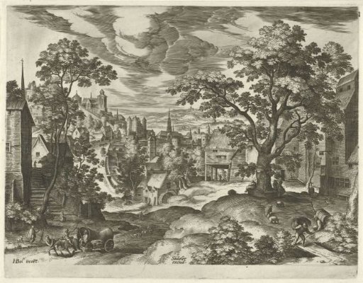 Village view with a covered wagon on the right