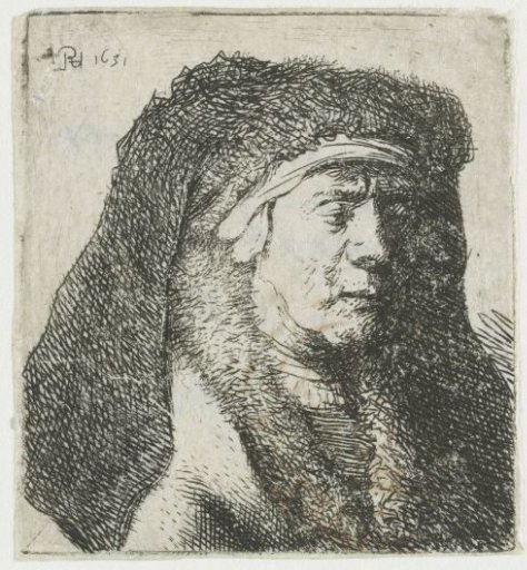 Bust of an old woman in a furred cloak and heavy headdress