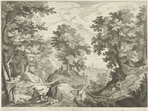 Forest landscape with a hare hunt