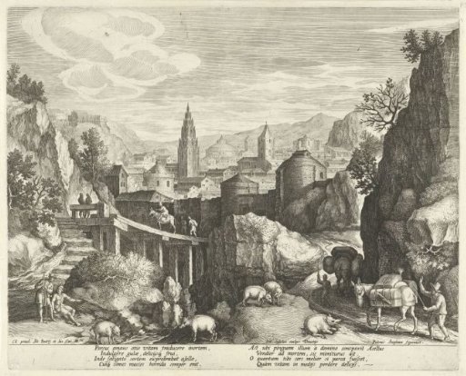 Rocky landscape with the fable of the donkey and the wild boar