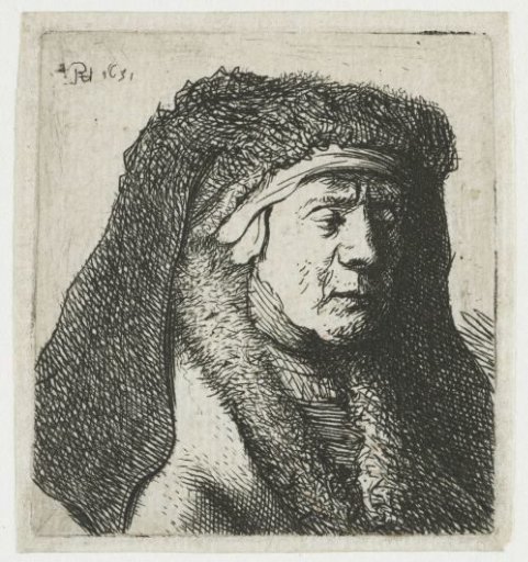 Bust of an old woman in a furred cloak and heavy headdress