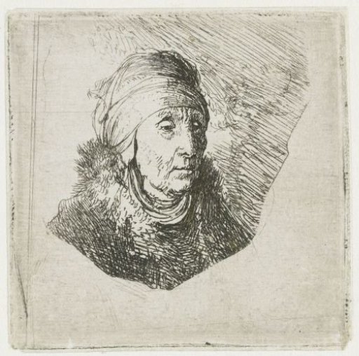 Woman with a high headdress wrapped around the chin: bust