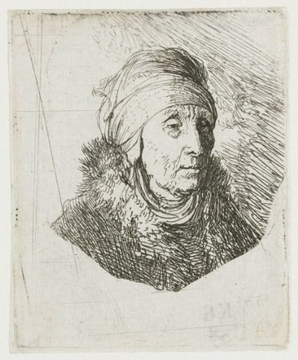 Woman with a high headdress wrapped around the chin: bust