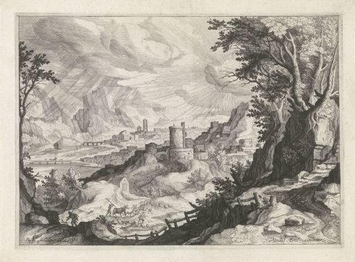 Landschap met een stad op de achtergrond