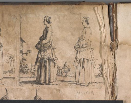 Woman in profile with a basket on her arm