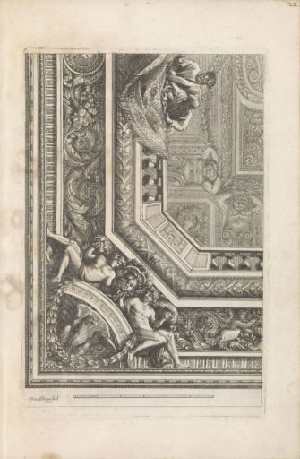 Quarter ceiling with two men leaning over a balustrade