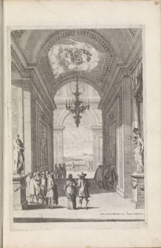 Gallery of a palace with a chandelier