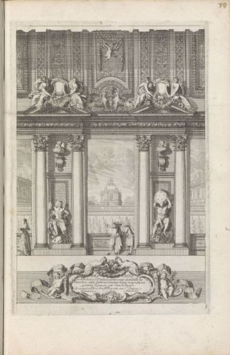 Gallery of a palace with a garden behind it