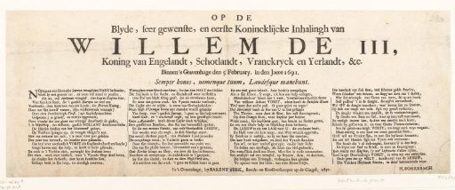 Text Sheet for the Print of the Entry of King William III into The Hague, 1691