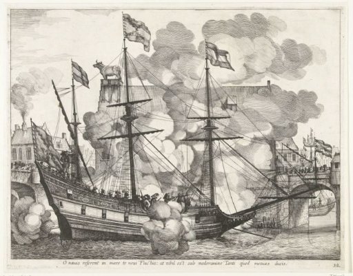Sailing ship, facing right; the entry of Ferdinand into Ghent in 1635 (no. 38)