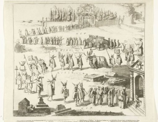 Satirical print of the burial of minister Abraham van de Velde, 1677