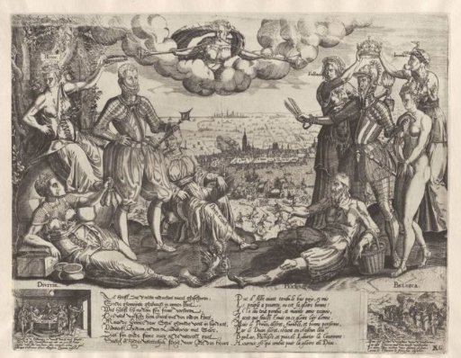 Comparison between Orange and Alva, with the Spanish Fury in the background, ca. 1577