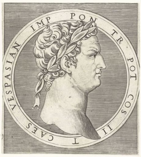 Portrait of Emperor Vespasian with a laurel wreath in a round frame