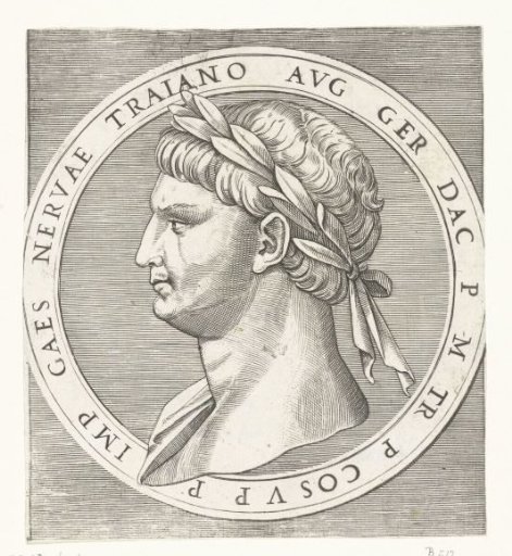 Portrait of Emperor Nerva with a laurel wreath in a round frame