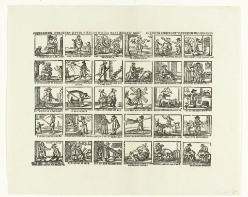 Depiction of how seven women fight over a man's breeches and the woman pulls the breeches right (...)