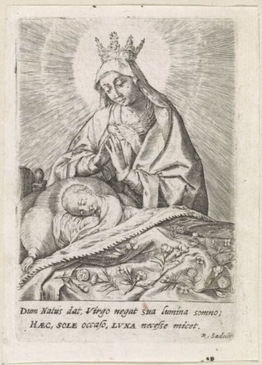 Sleeping Christ Child in bed Adored by Mary