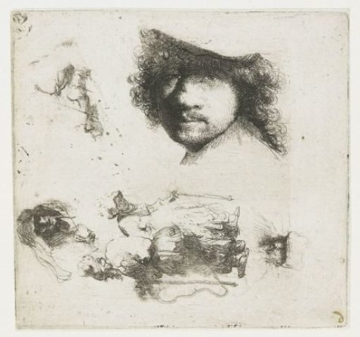 Sheet of studies: head of the artist, a beggar couple, heads of an old man and old woman, etc.
