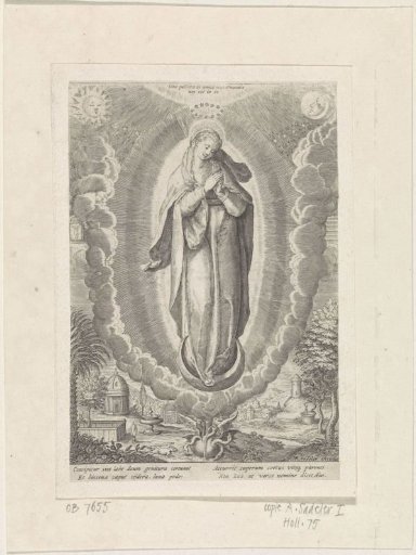Mary on the Crescent Moon in a Mandorla with the Symbols of the Litany of Mary around Her