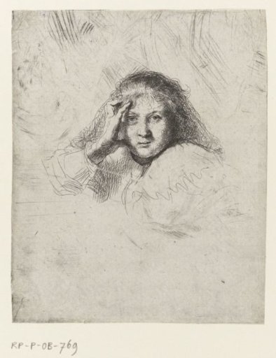 Three heads of women, one lightly etched