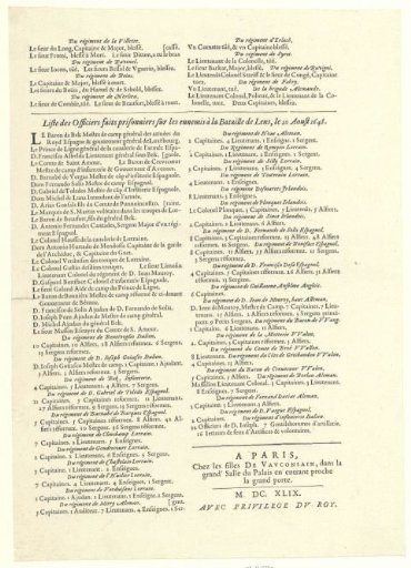Text sheet with a list of the names of Spanish officers wounded or captured during the Battle of Lens, 1648