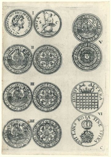 Six old English coins numbered I-VI