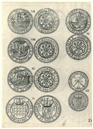 Six old English coins numbered VII-XII