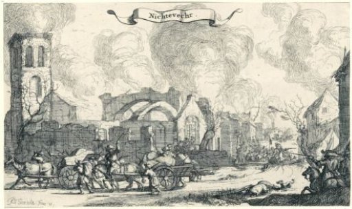 French troops marching through the ruins of the village of Nigtevecht, plundering and shooting, 1672