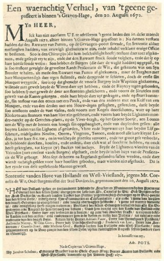 Text sheet with a description of the death of the De Witt brothers and the sentence of Cornelis de Witt, 1672