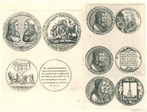 Sheet with five medals in honor of the De Witt brothers, 1672