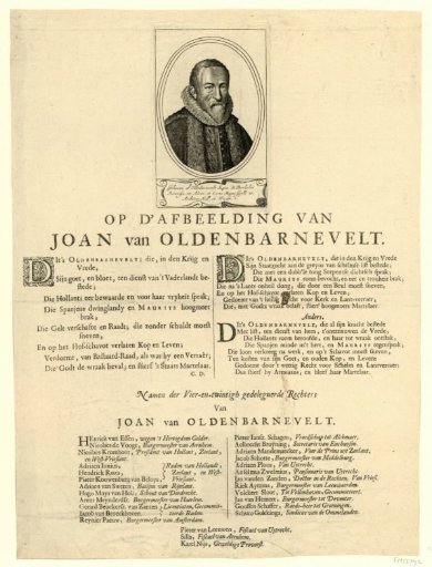 Portrait of Johan van Oldenbarnevelt, with verses on the portrait and the list of names of the 24 judges, 1619