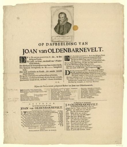 Portrait of Johan van Oldenbarnevelt, with verses on the portrait and the list of names of the 24 judges, 1619