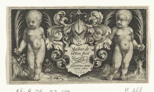 Two Children with a Palm Branch Beside a Coat of Arms