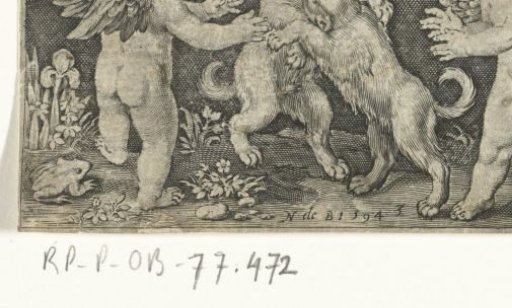 Two Putti on Either Side of Two Playing Dogs