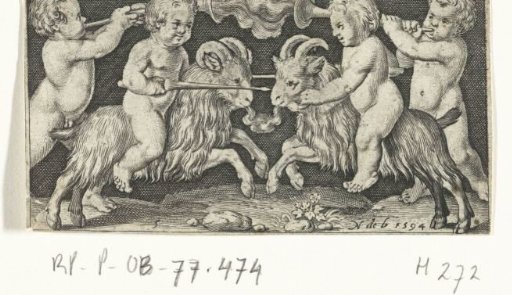 Two Fighting Children Riding on Goats, Flanked by Children Blowing Trumpets