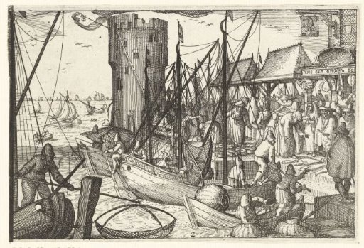 Fishing: a harbour with fish market, ca. 1600