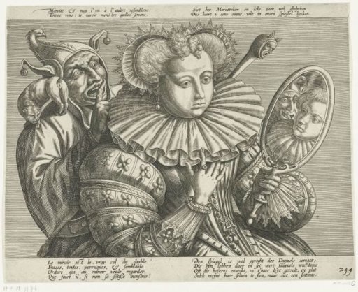 Woman with Mirror and Jester: Satire on the Expensive Ruff Collar, ca. 1600