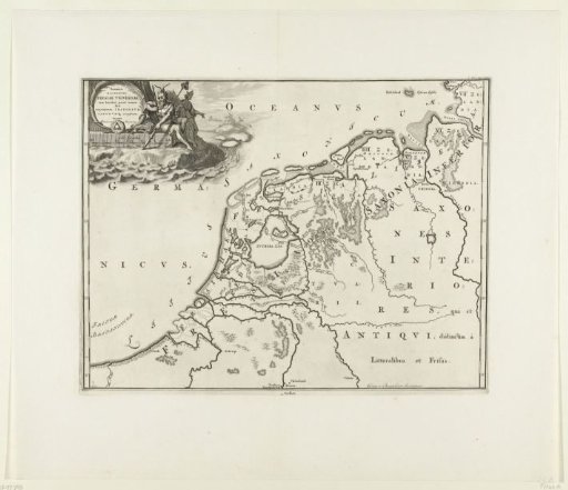 Historical map of the Netherlands with the territories of the Batavians and Frisians