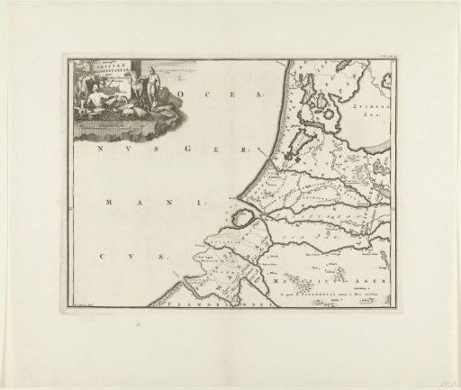 Historical map of the Netherlands with the territories of the Batavians and Frisians